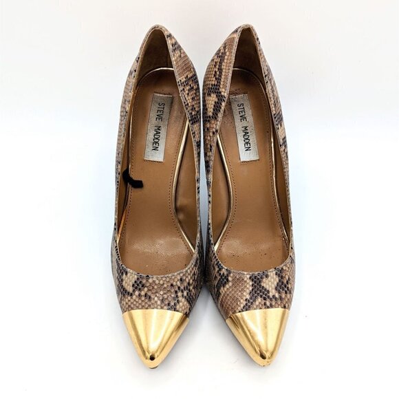 Steve Madden P-SNO Snakeskin Heels Gold Metal Pointed Toe Stiletto Womens 7.5 - Picture 4 of 6